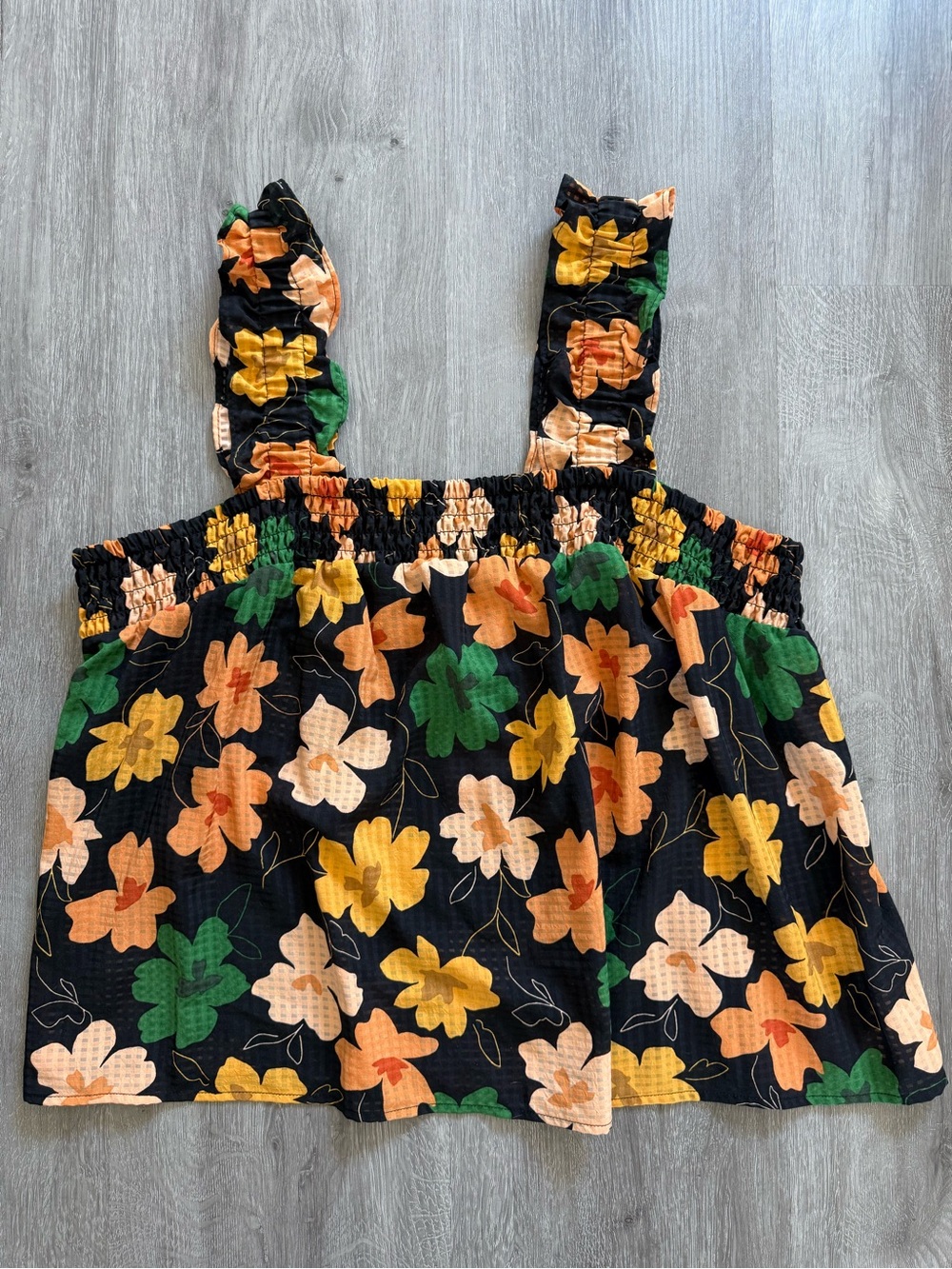 Who What Wear Black Floral Tank Top with Yellow, Peach, Green Blooms Size XL